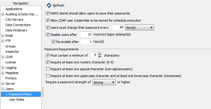 Password Policy screen showing the various policy options.